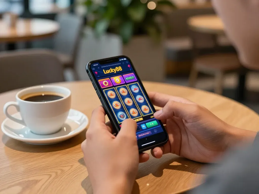 Player enjoying the lucky88 app with vibrant slots on the screen in a cozy cafe setting
