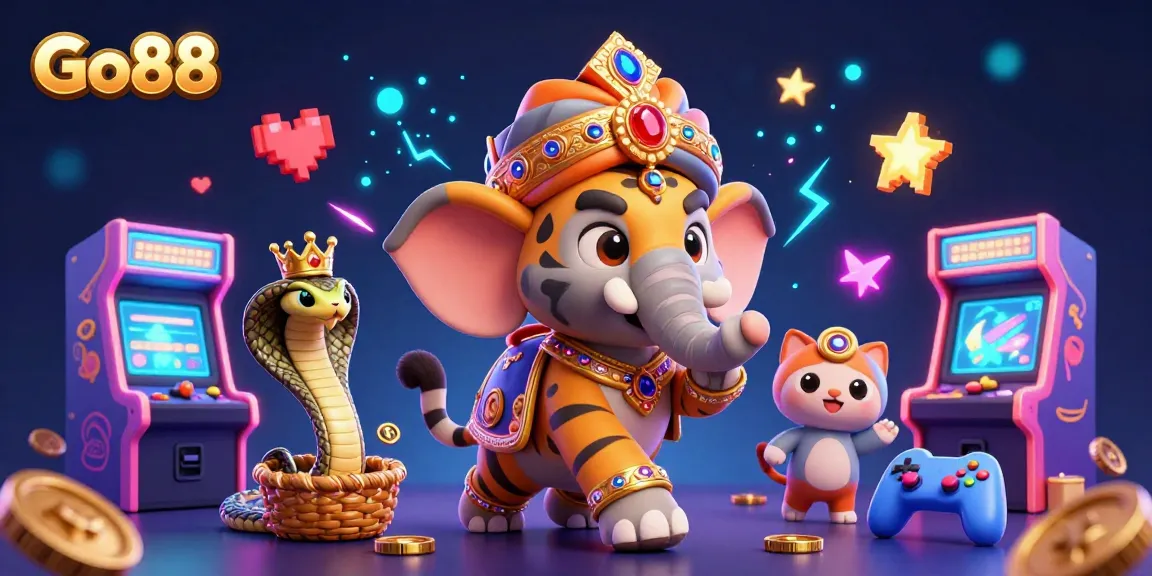 Experience excitement on Go88 with a vibrant 3D illustration featuring a maharaja riding an elephant amidst thrilling arcade elements.