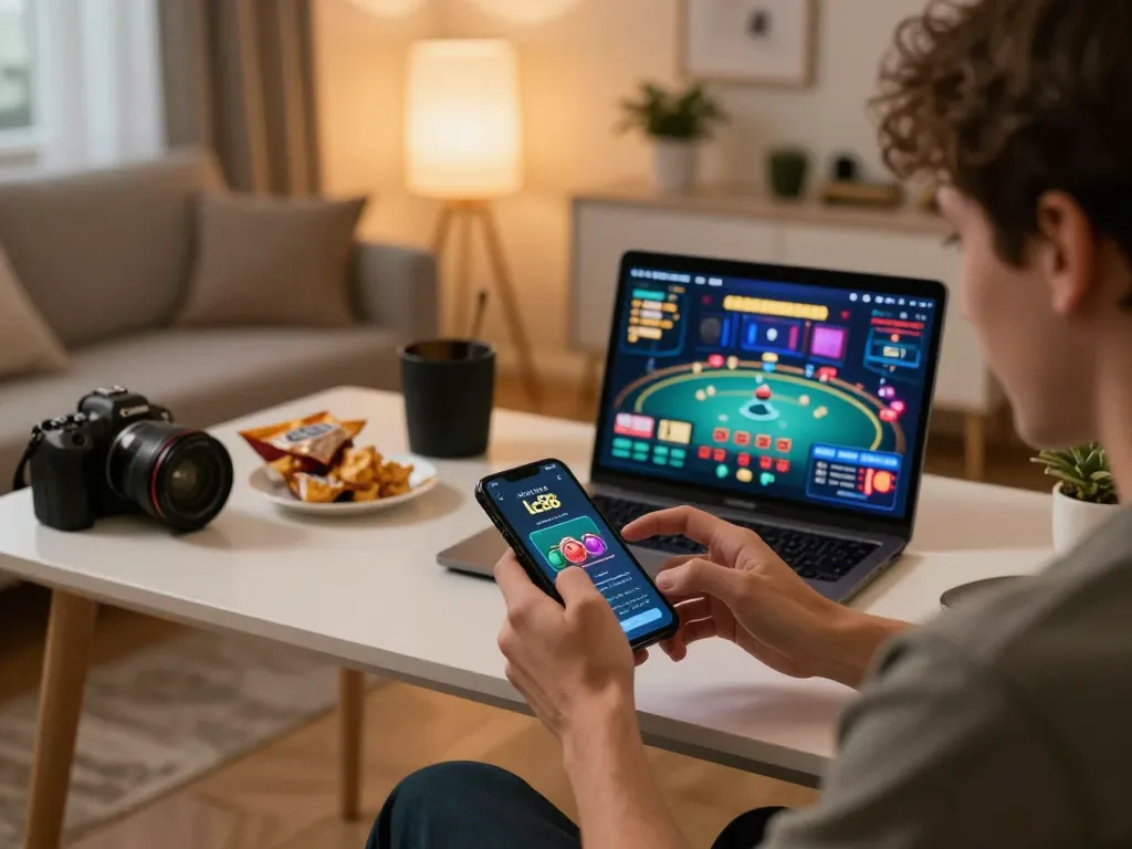Engaged player using lc88 link app for online casino gaming from a modern home setup