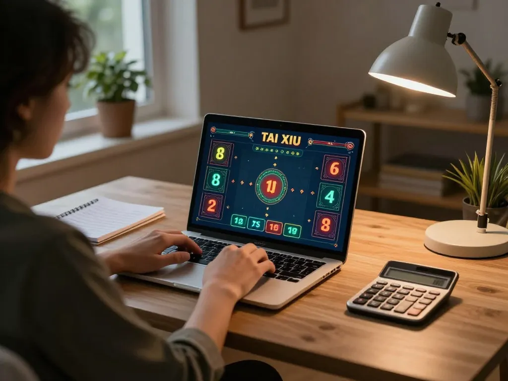 Tai Xiu online gaming session on laptop with strategic planning and cozy ambiance