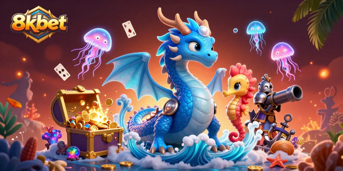 Engage with 8xbet's thrilling underwater adventure featuring a majestic water dragon, seahorse knight, and glowing jellyfish.
