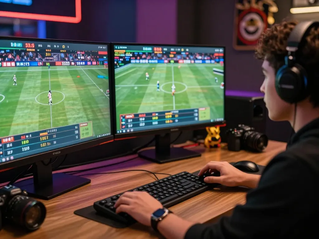 Engaging in live betting strategies at https://uk88.ru.com/ with dual monitors showcasing sports odds and statistics.