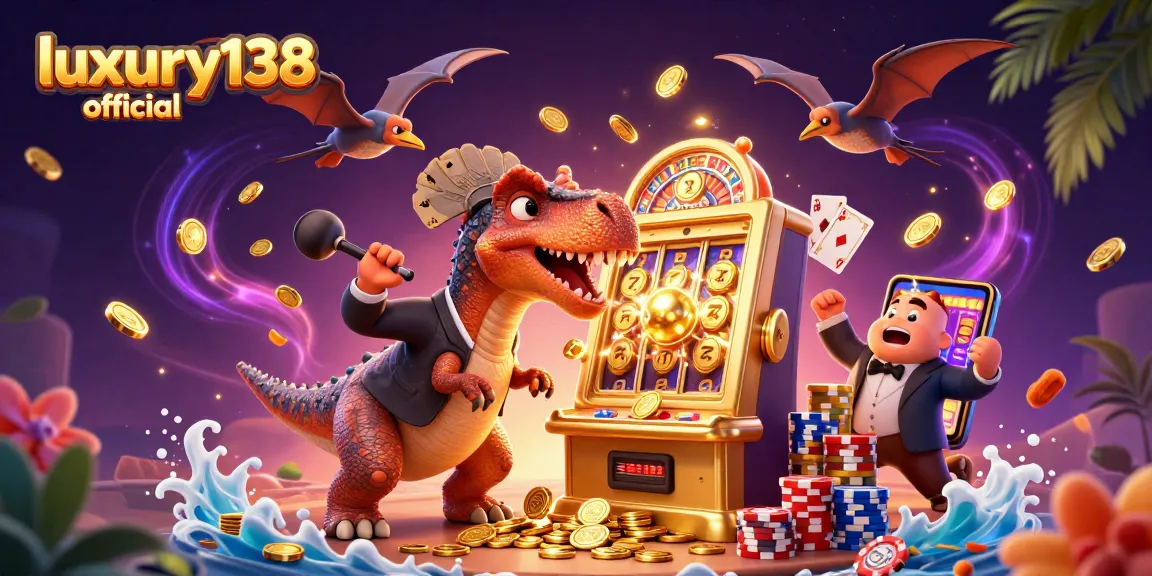 Experience the excitement of luxury138 official as a pachycephalosaurus wins jackpots amidst flying coins and vibrant casino elements.