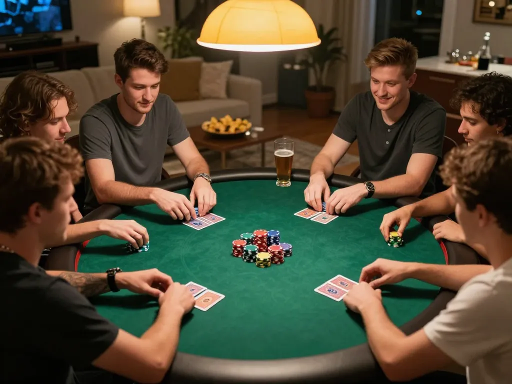 Soi keo nha cai during an engaging home poker game with friends, cards and chips shown in competitive atmosphere.