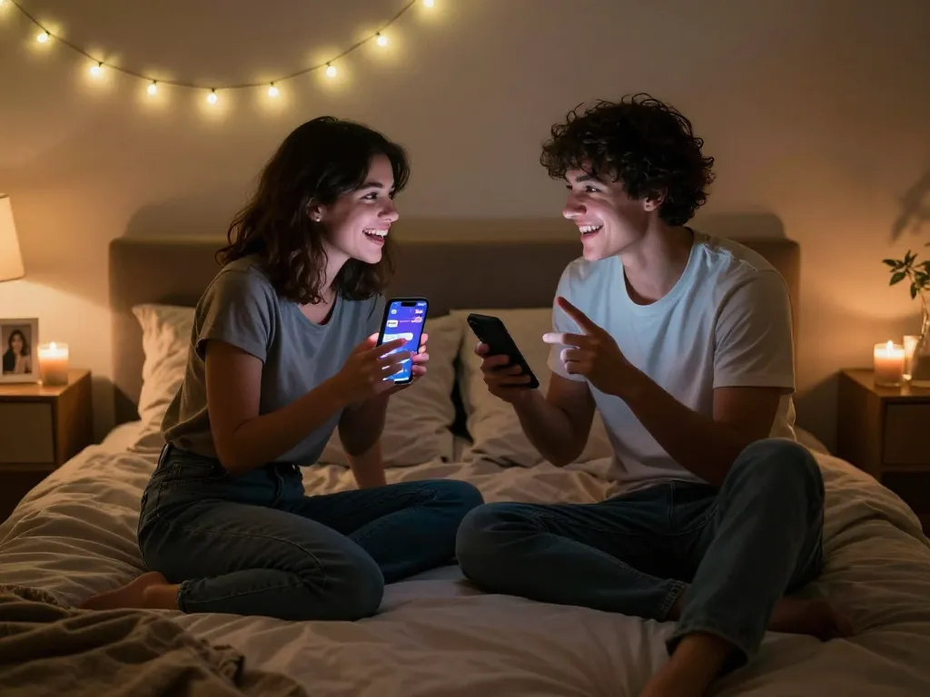 Engaging in intimate sexting AI interactions in a cozy bedroom environment, showcasing playful conversations.