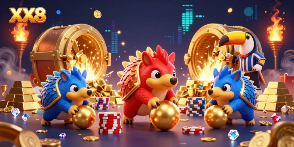 Experience the excitement of XX8 with rival pangolins in a vibrant casino setting.
