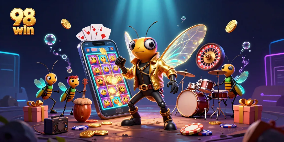 Experience vibrant 98 win casino action with a rock star cicada, colorful slots, and pulsating game elements.