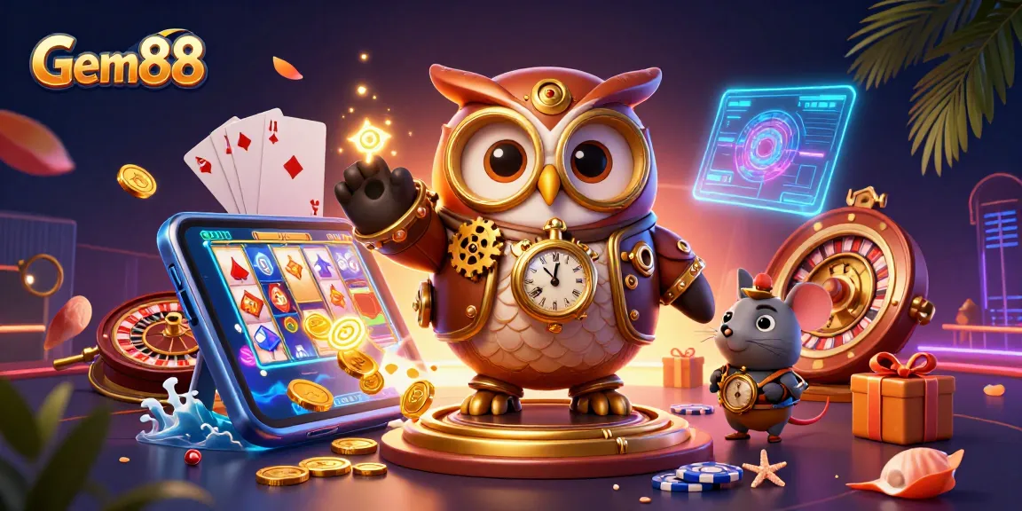 Experience Gem88 with a thrilling 3D casino scene featuring lively characters and dynamic game elements.