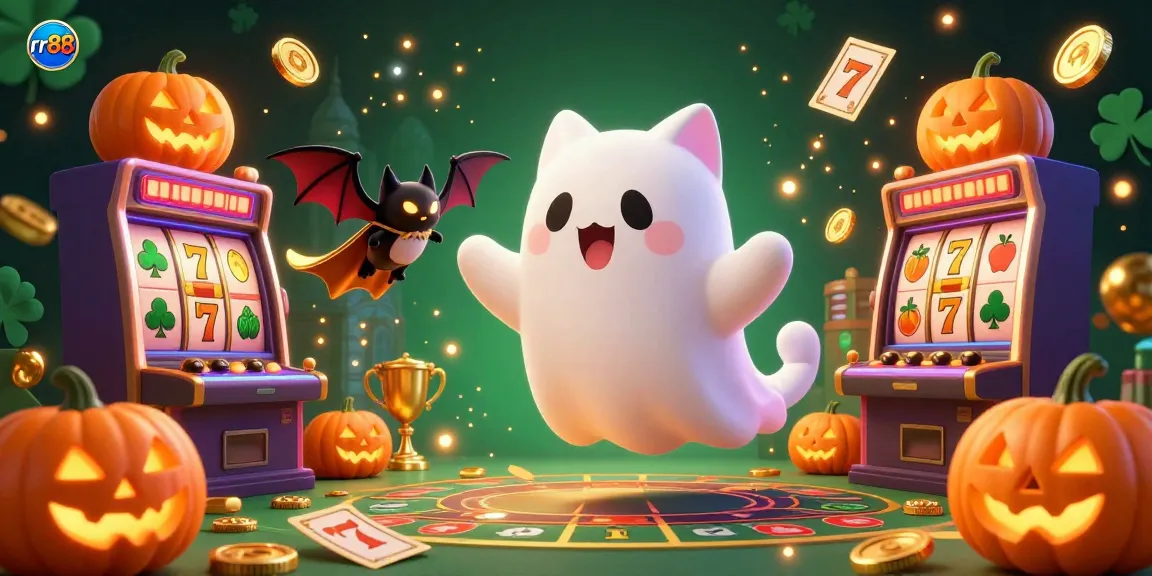 Experience exciting gameplay with rr88, featuring a ghost cat and whimsical casino elements in a vibrant illustration.