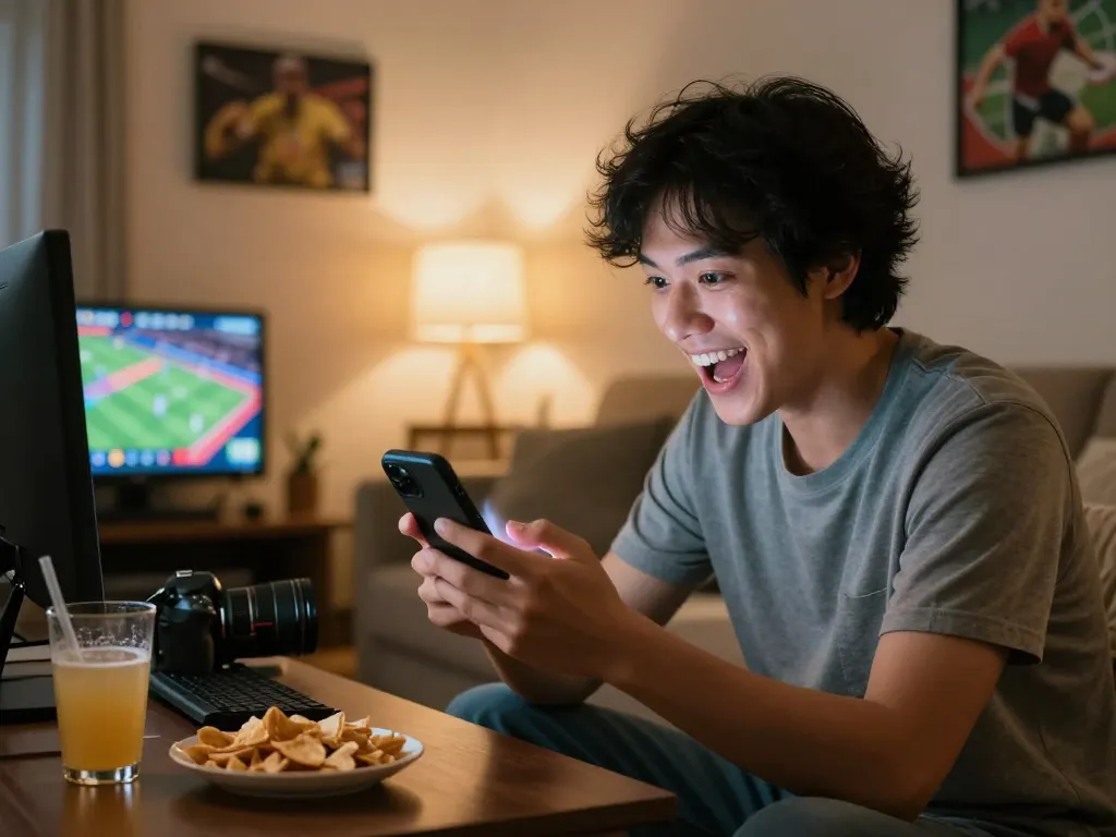 Excited player betting on oxbet app in cozy home setting with snacks and drinks