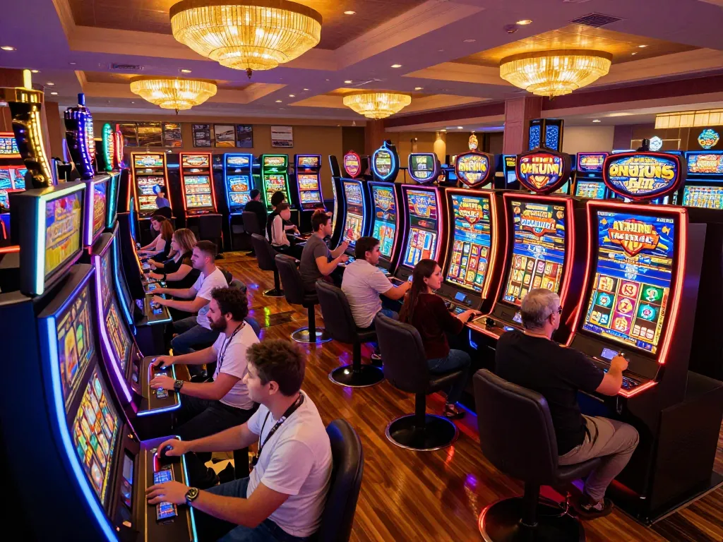 Players enjoying vibrant slot games at Okfun casino, celebrating wins amidst lively casino atmosphere.