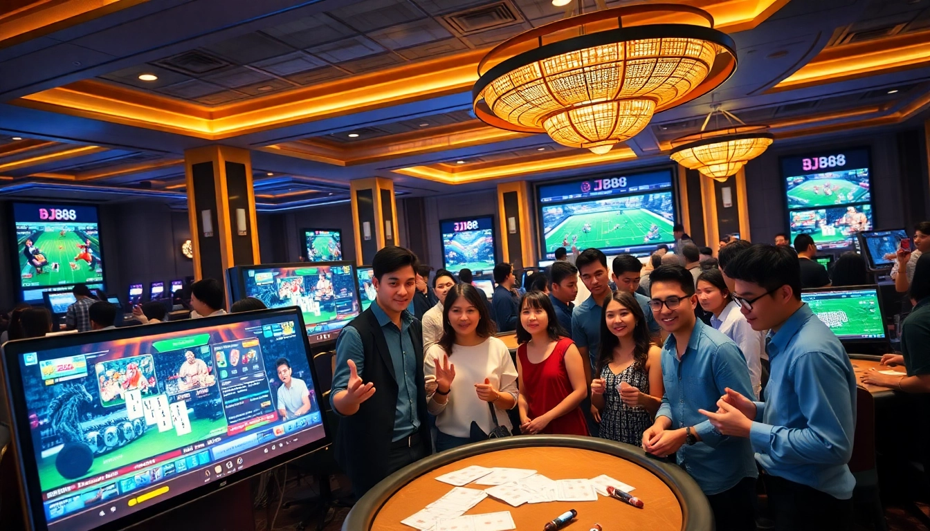 Betting excitement at BJ88 online casino with vibrant gamblers and live streaming events.