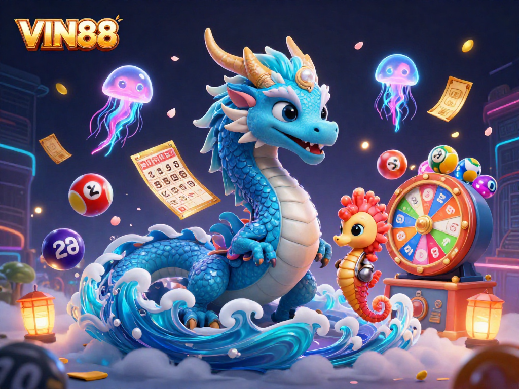 Engage in VIN88 lottery excitement with vibrant dragon and seahorse under glowing jellyfish.