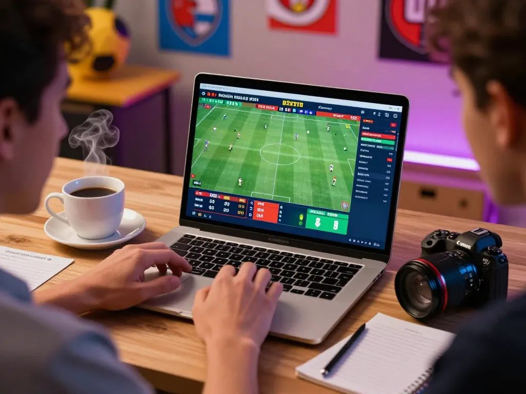 Engaging sports betting scene with kèo bóng đá trực tuyến displayed on laptop, showcasing analysis and excitement