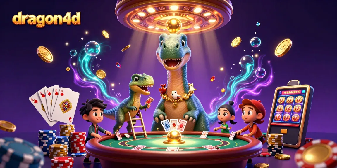 Experience dragon4d's vibrant gaming scene with a towering brontosaurus, lively raptor dealer, and cascading coins.