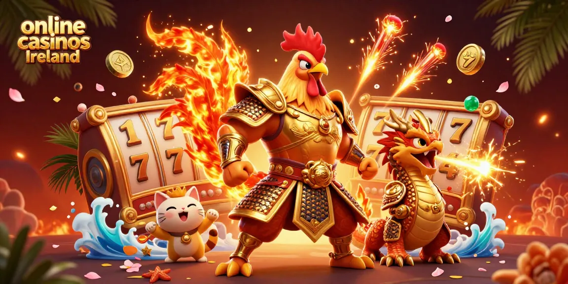 Experience excitement at online casinos Ireland with a dynamic scene of a fighting rooster and dragon in a vibrant casino atmosphere.