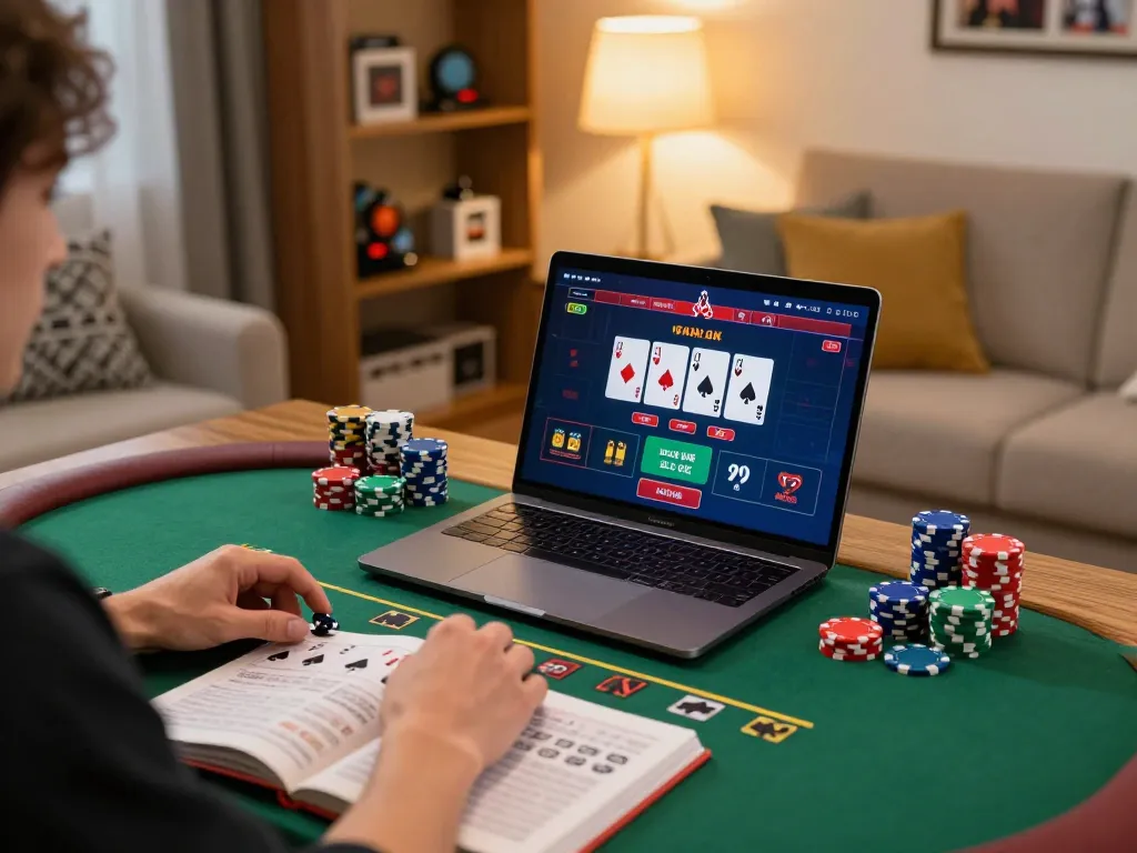 Engaged home player using BCX88 for blackjack with chips and strategy notes.