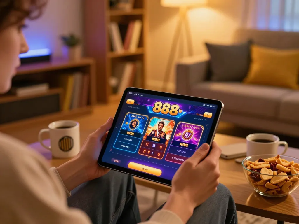 Engaged player enjoying a thrilling experience on the 888b casino app in a cozy home setup.