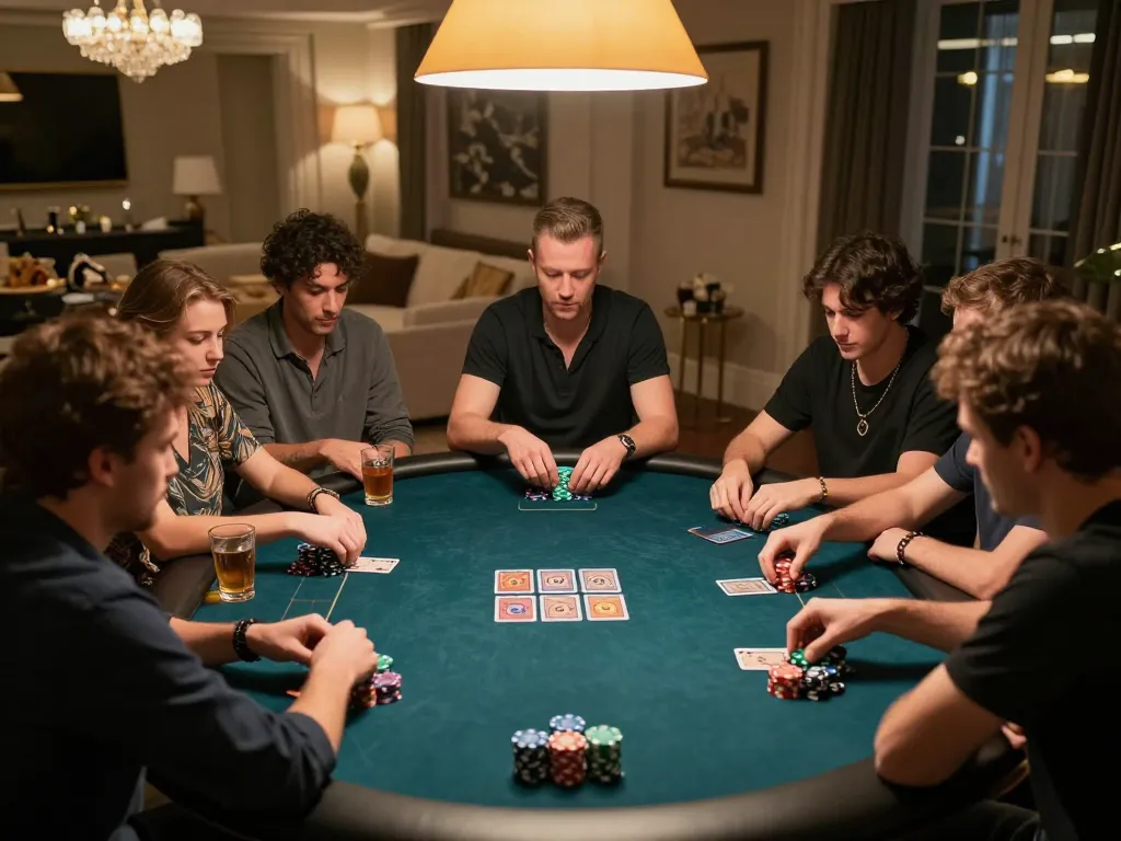 Players enjoy a thrilling poker night at home, strategizing with chips and cards around the table, showcasing the excitement of 88vv.