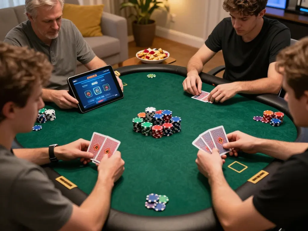Players engaging with the aa88 casino app during a home poker game, showcasing strategic gameplay.