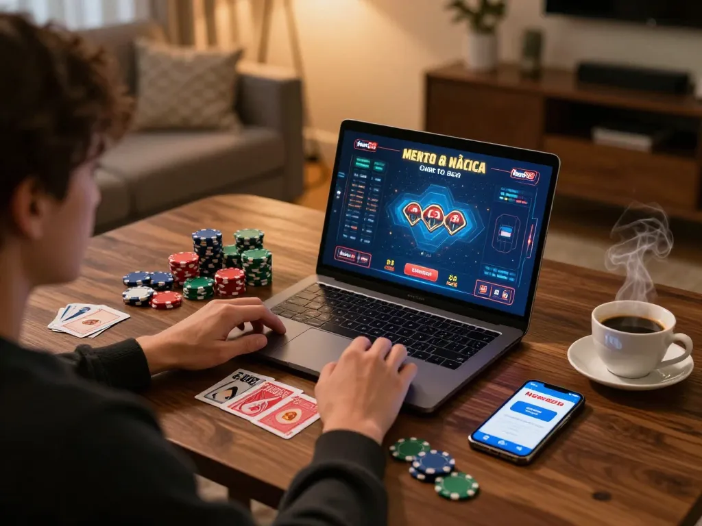 New88 nhà cái gaming on laptop with poker chips and smartphone, creating a cozy online casino experience.