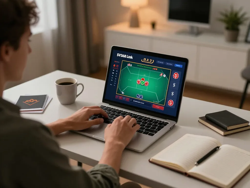 Engaging with the SV368 Link online poker game from a cozy home setting, highlighting user-friendly interface.