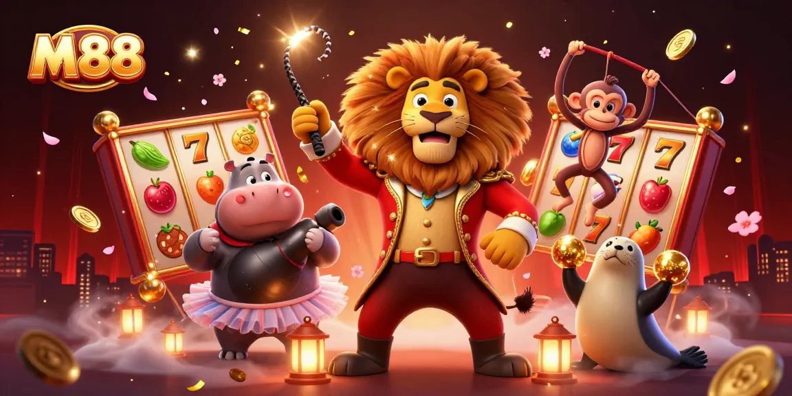 M 88 showcases thrilling action with a vibrant circus scene featuring joyful characters and casino elements.