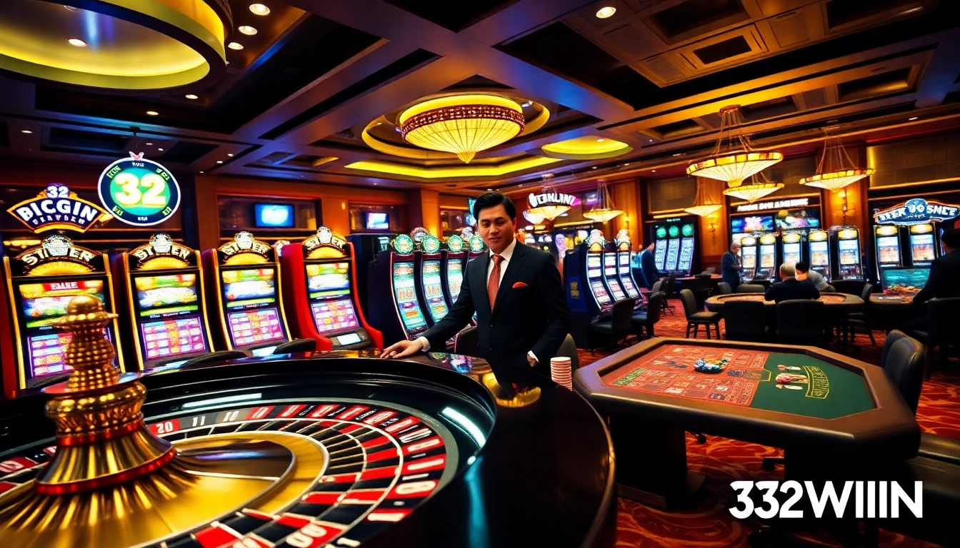 Experience the thrill of gambling at 32WIN’s luxurious casino featuring a vibrant roulette table.