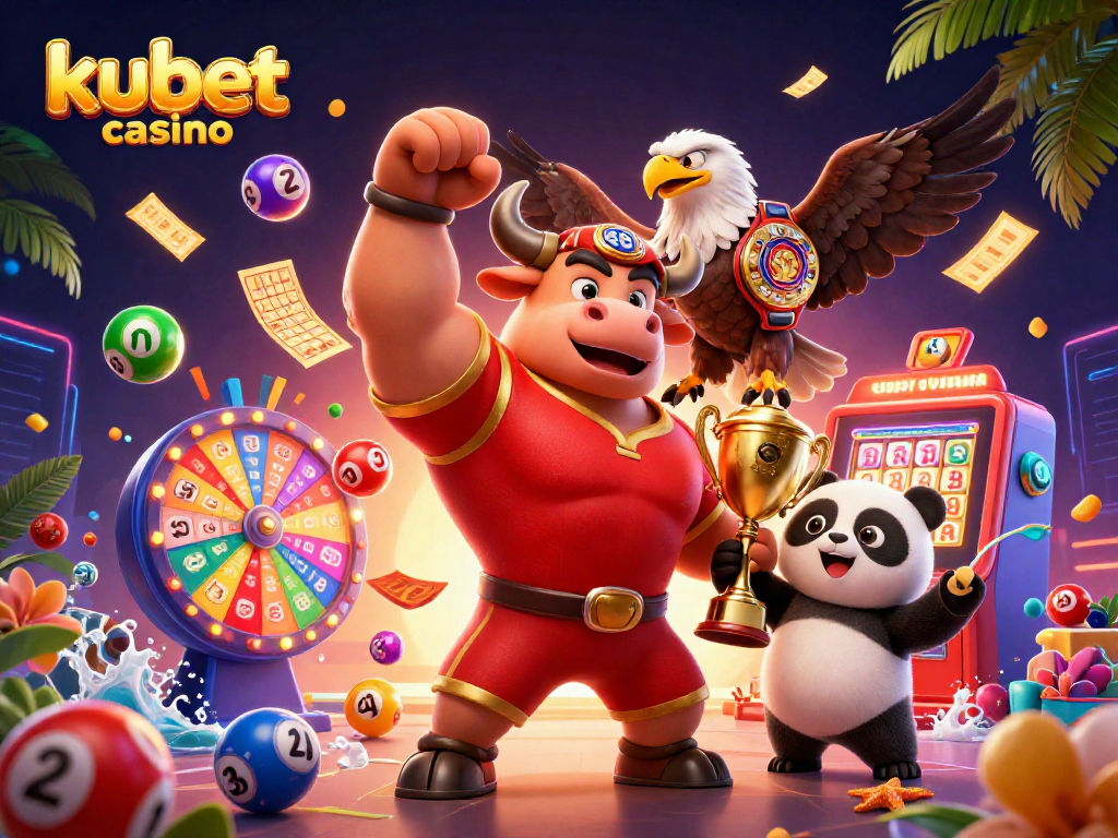 Experience the excitement at kubet casino with vibrant visuals of a bull mascot and winning elements.