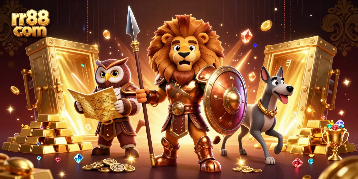 Experience the excitement of rr88 com with a vibrant 3D casino scene featuring gold treasures and mythical guardians.