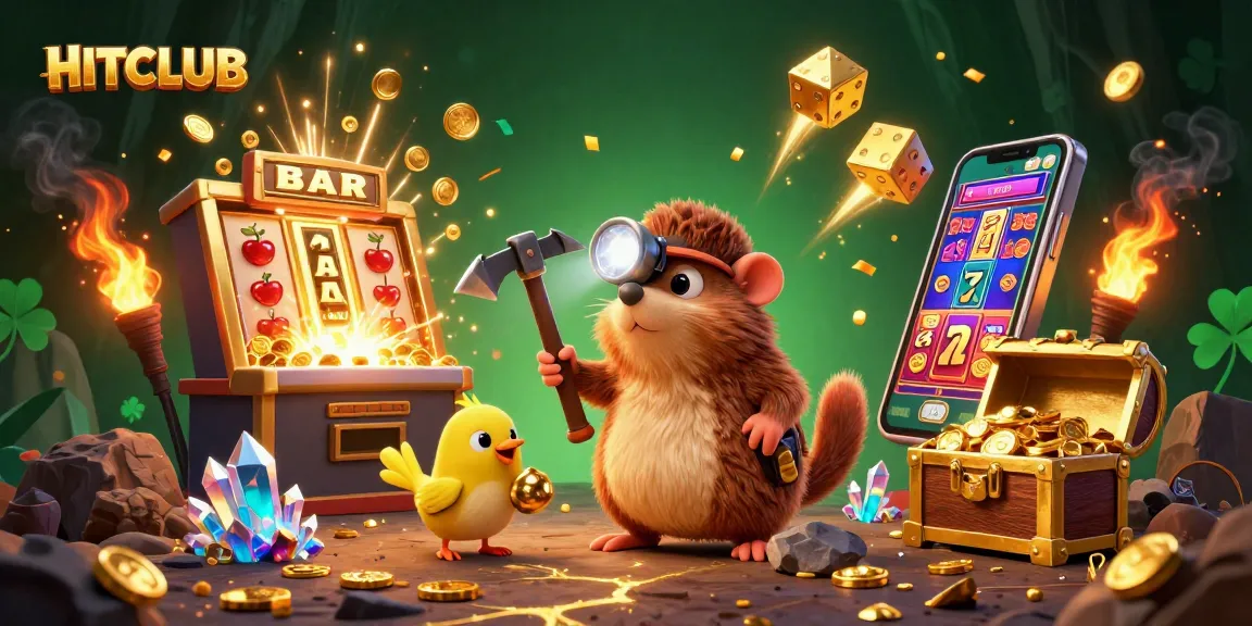 Engaging HITCLUB casino scene with treasure hunter mole and jackpots exploding around.