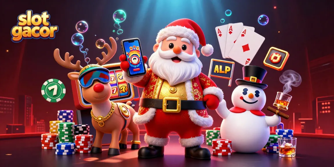 Spin slot gacor with Santa, reindeer, and poker chips in lively casino scene.