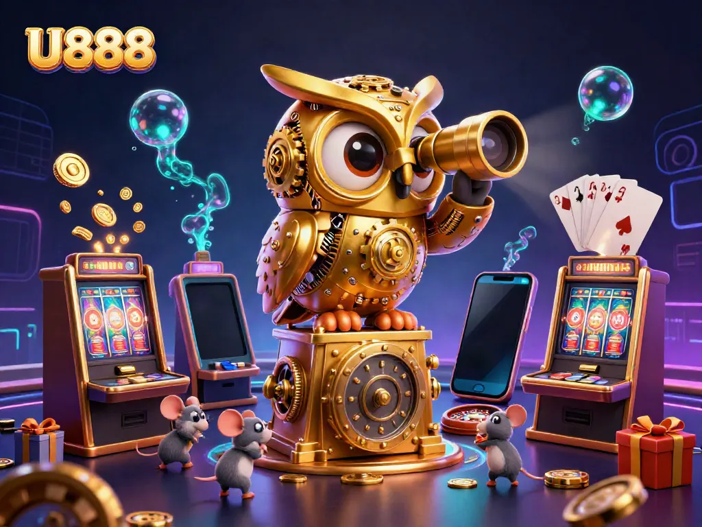 Engage your luck with U888, featuring a golden owl and lively casino scene bursting with games and excitement.