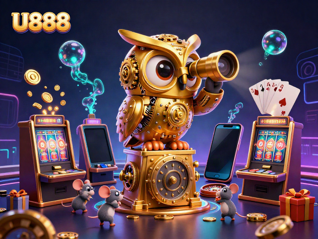 Engage your luck with U888, featuring a golden owl and lively casino scene bursting with games and excitement.
