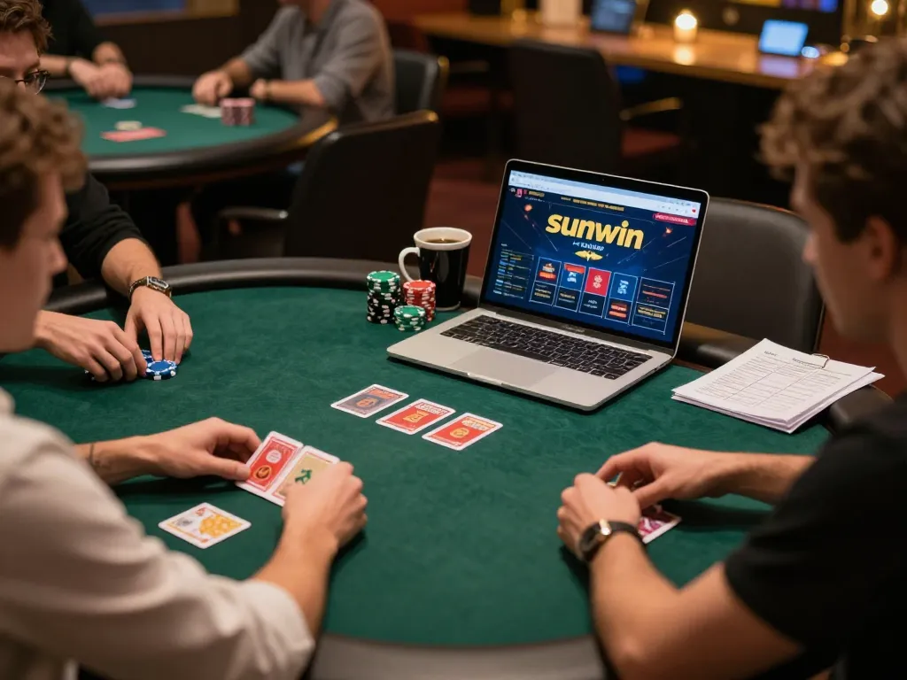Online poker players engaged in a sunwin game session with chips and cards visible.