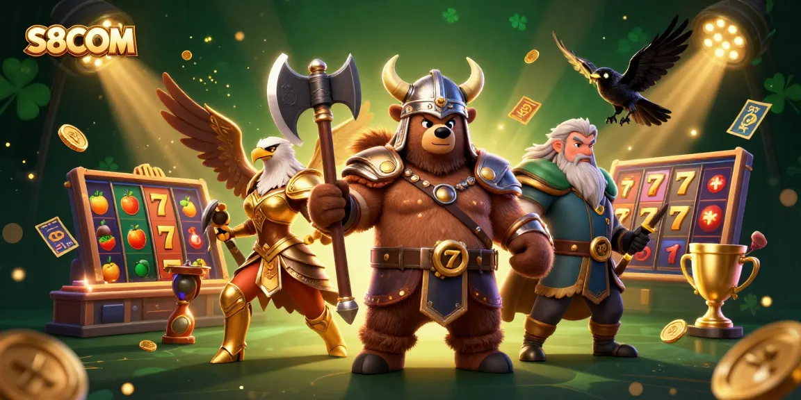 S8COM showcases thrilling slot games with a Viking berserker, Valkyrie, and golden slot elements in action.