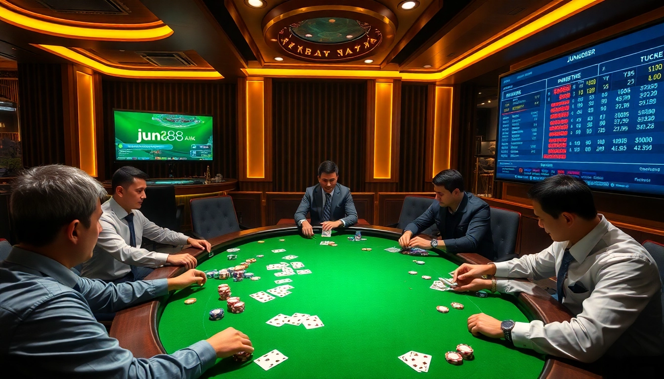 Experience exhilarating poker action at jun88's online casino with vibrant chips and cards.