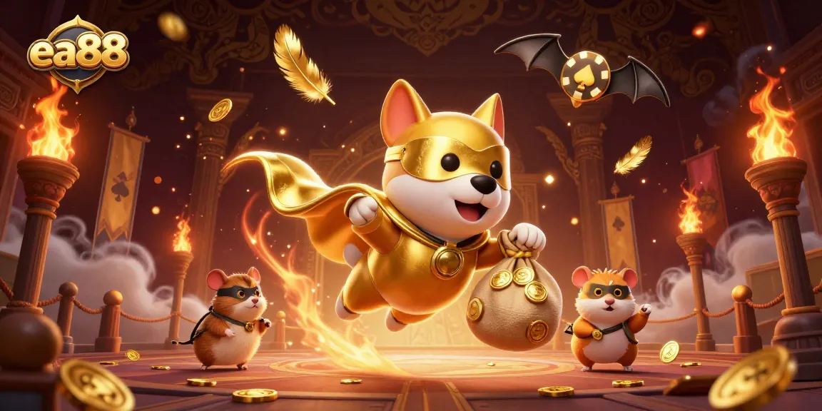 Catch thrilling winnings at ea88 with a fun superhero theme featuring a dog and hamster at a casino.