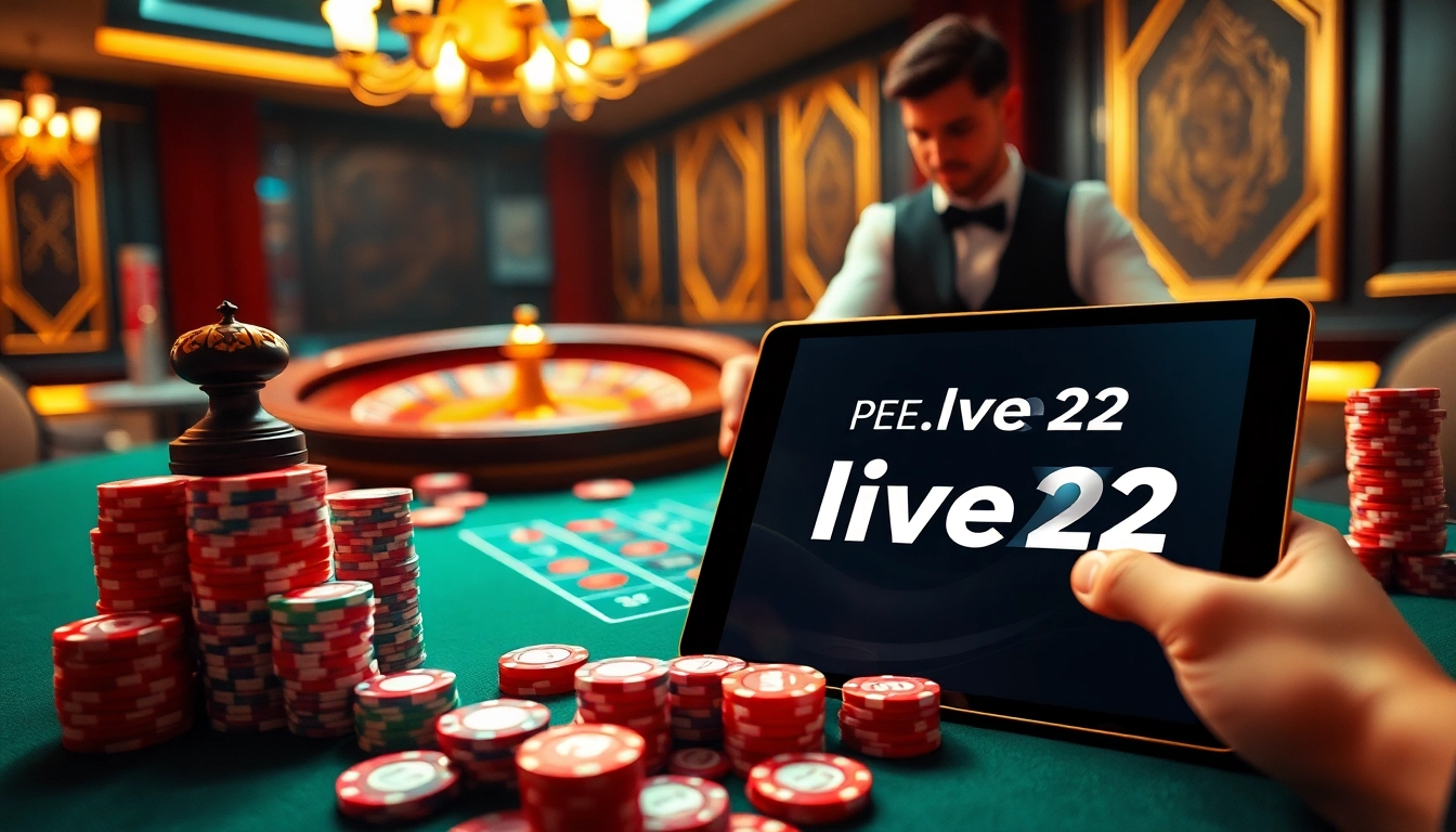 Engage with exciting games using free credit live22 on a luxurious casino table with vibrant chips and cards.