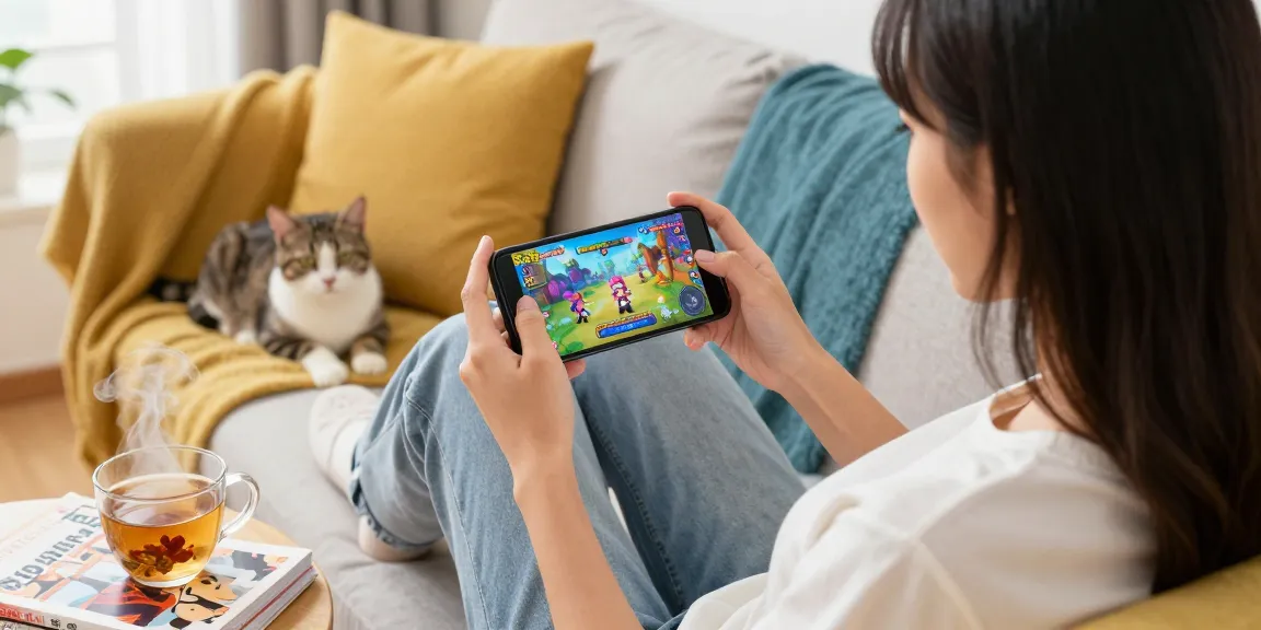 Engaging mobile hentai game scene with a woman playing on her smartphone, cozy home setup, colorful anime graphics.