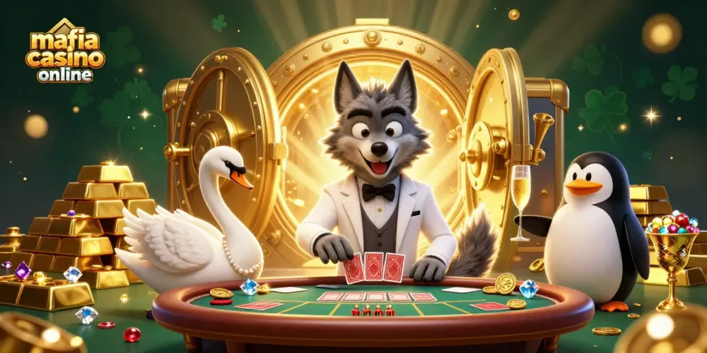 Mafia casino online scene with a debonair wolf, elegant swan, and penguin presenting champagne amidst golden treasures and cards.