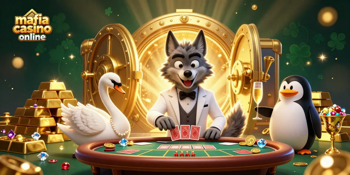 Mafia casino online scene with a debonair wolf, elegant swan, and penguin presenting champagne amidst golden treasures and cards.