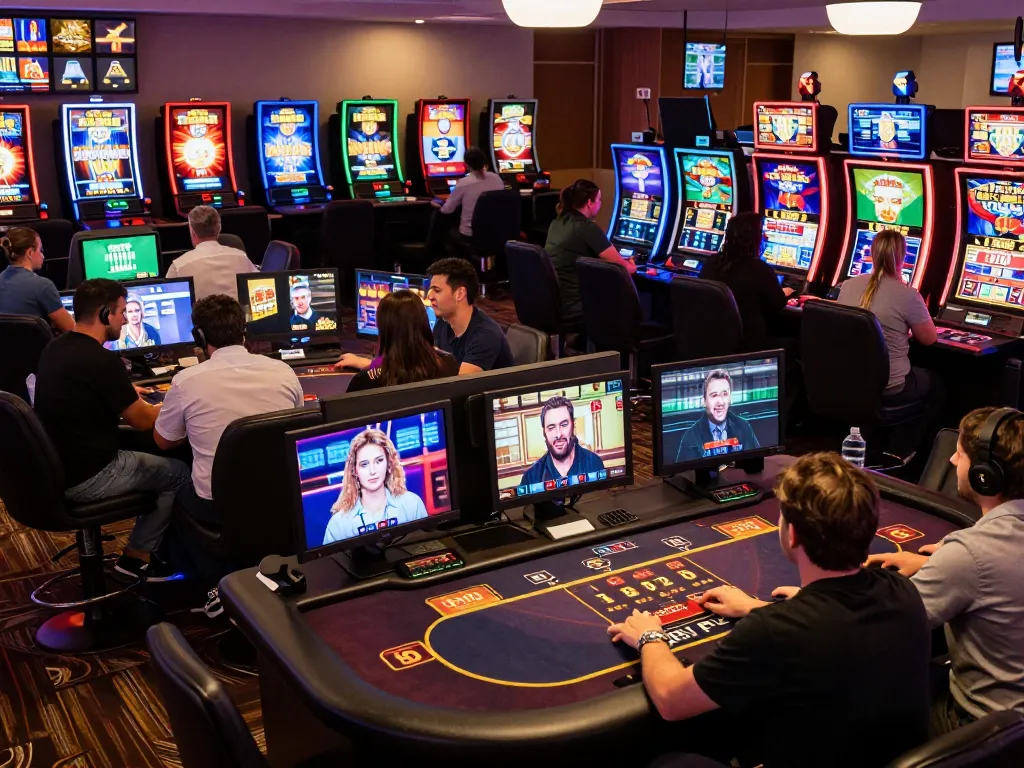 HITCLUB players engaging in online casino games with vibrant slot machines and live dealer interactions.