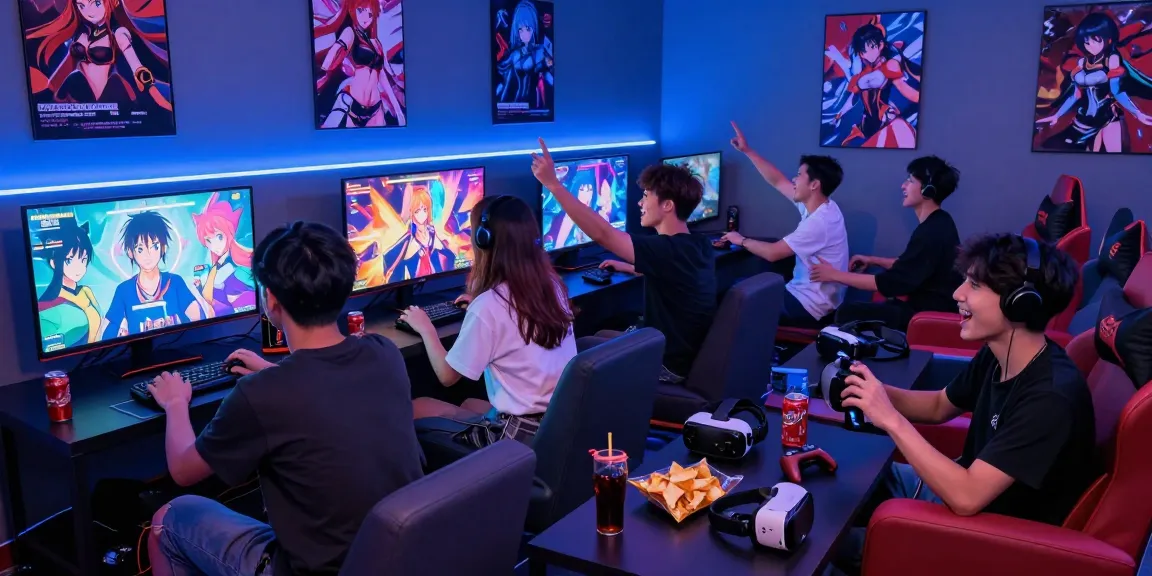 Friends enjoying immersive hentai games in a vibrant gaming lounge.