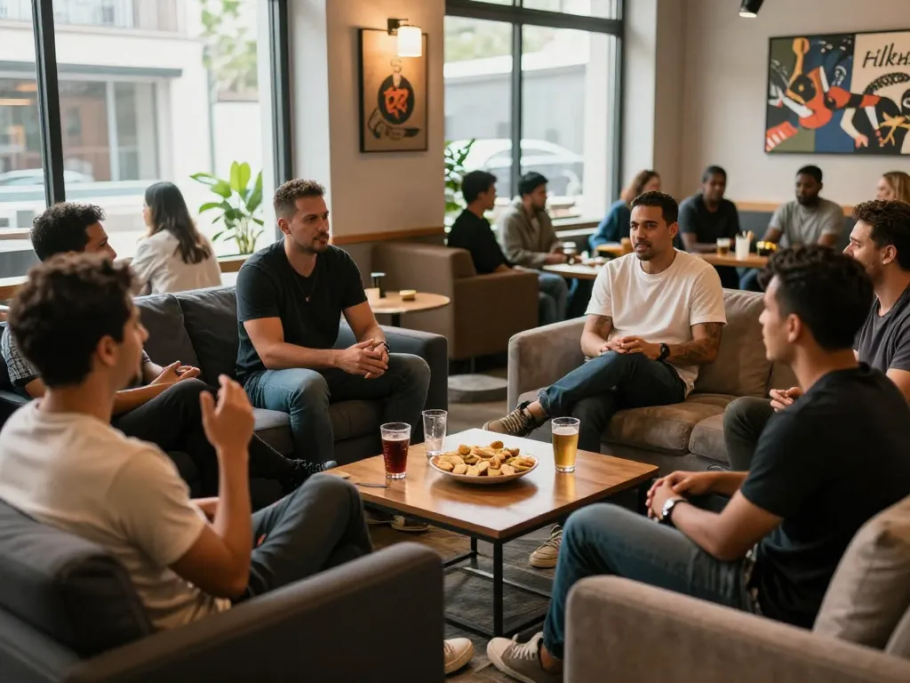 Men engaging in conversation at a man club gathering, fostering connection and community.
