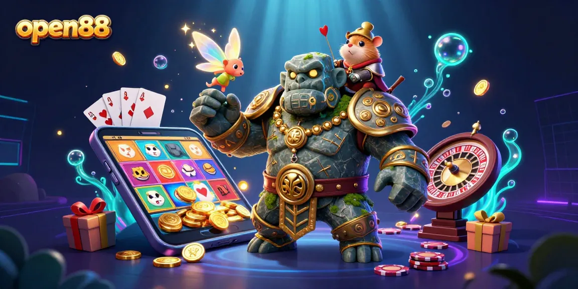 Spin the reels with open88 in this vibrant 3D illustration featuring a golem, fairy, and hamster knight!