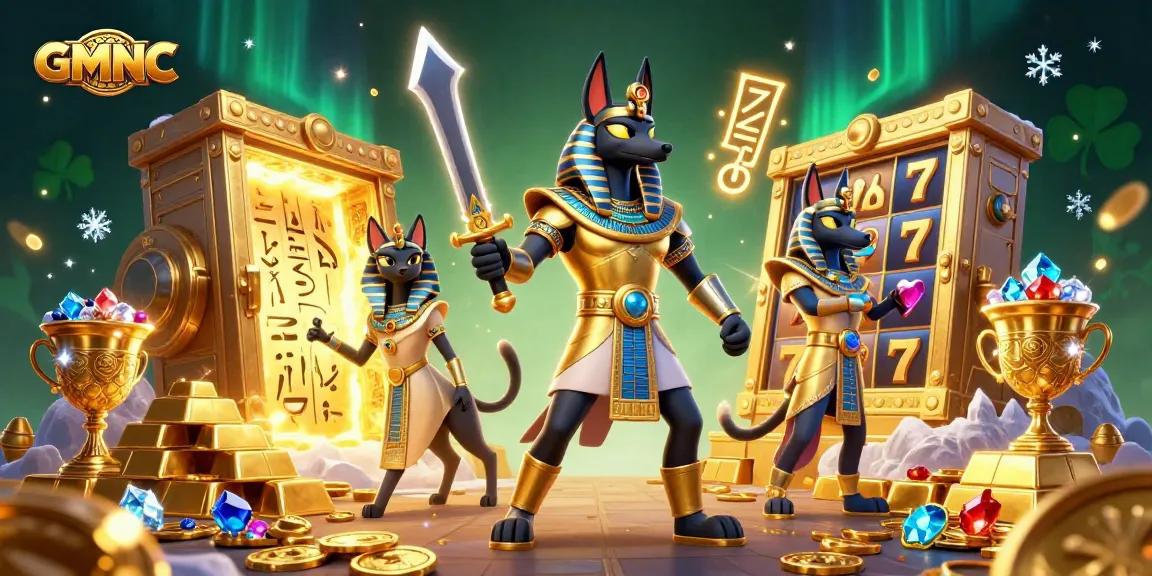 Experience GMNC's vibrant online casino scene featuring Anubis and Bastet amidst a treasure-filled adventure.