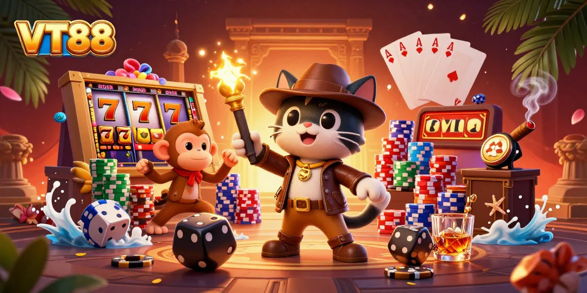 Experience thrilling action with VT88 in a vibrant 3D casino adventure scene.