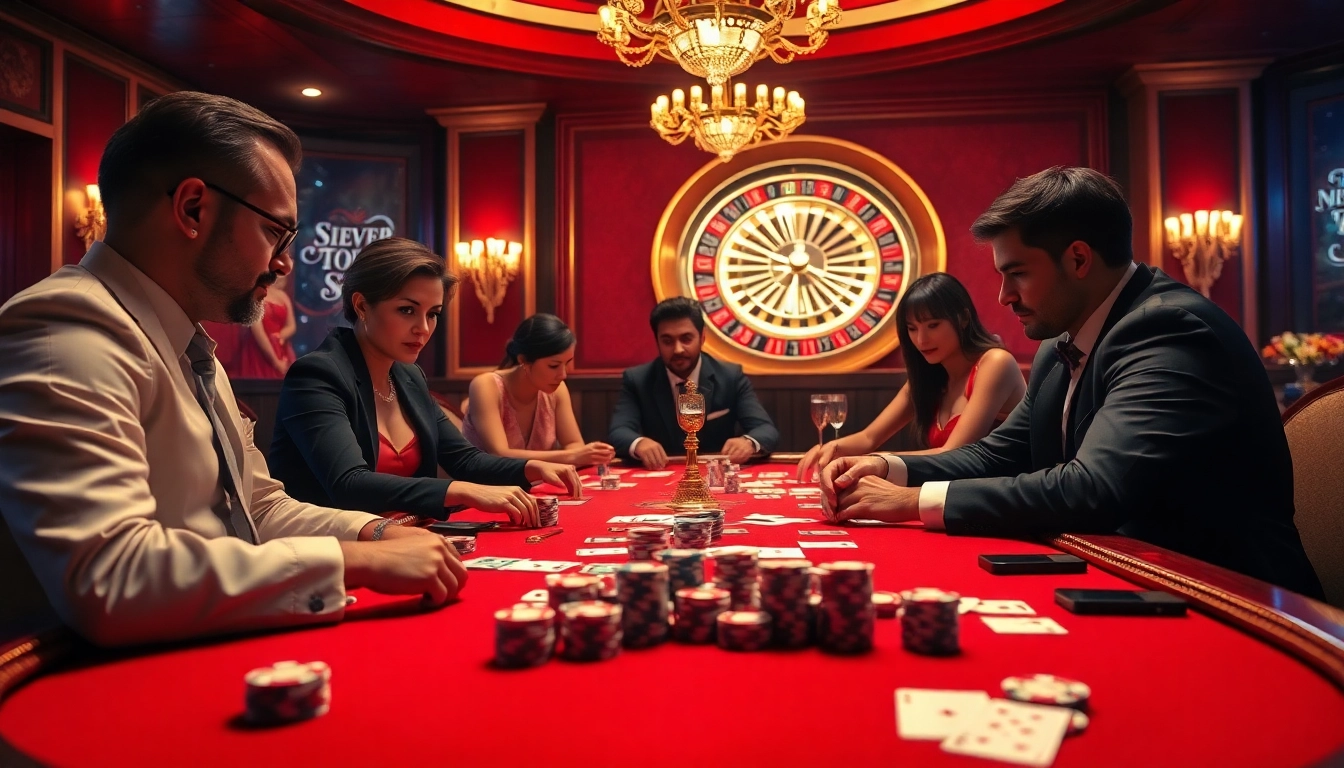 Engage in high-stakes gameplay at five88's luxurious poker table surrounded by vibrant casino excitement.