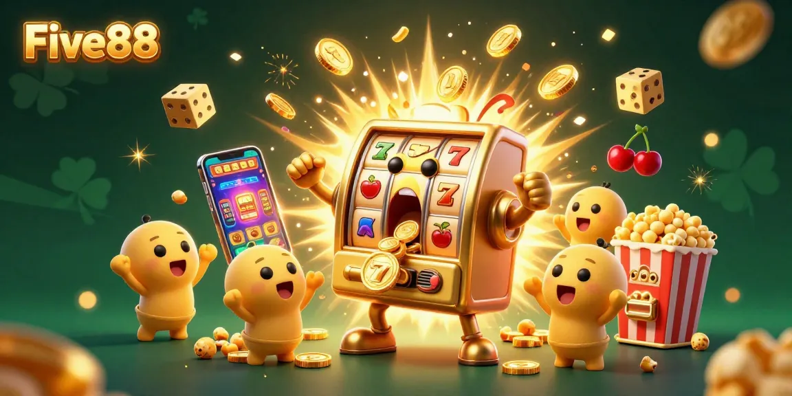 Five88 showcases an exciting jackpot celebration scene with a golden slot machine pouring coins, enhanced by vibrant casino elements.